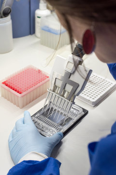 Female scientist on a laboratory working with a multi-pipette and a DNA chip