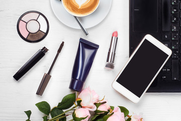 Cosmetics laptop cup of coffee cappuccino purse mobile phone smartphone