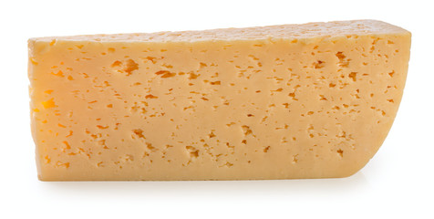 Piece of cheese isolated on a white background, close up.