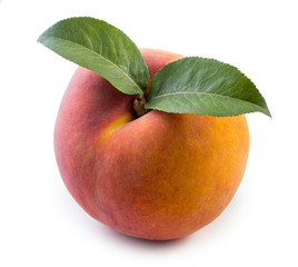 Fresh, juicy peach with slices isolated on a white background, close up.