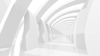Futuristic white corridor with abstract columns and bright sunlight. 3D Rendering.