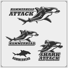 The emblems with hammerhead shark for a sport team. - obrazy, fototapety, plakaty