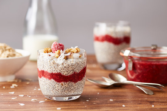 Delicious breakfast with vanilla chia pudding with chia jam and nuts