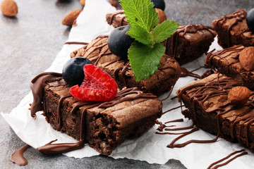 homemade chocolate brownies on grey background