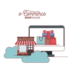 display computer with wallpaper inside of set gift and bag shopping with storage house into the clouds e-commerce shop online on white background vector illustration