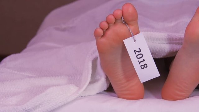 Legs of the deceased with a tag. Legs with a tag 2018.