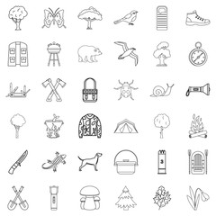 Hiking icons set, outline style
