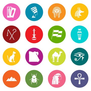 Egypt travel items icons many colors set