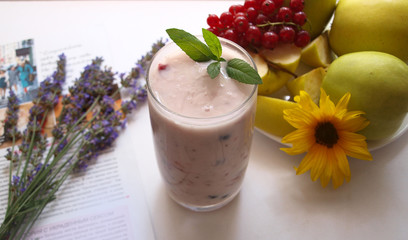 homemade smoothie for breakfast with lavender and pear