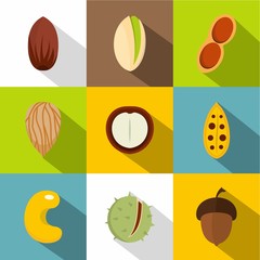 Mix of different nuts icons set, flat style