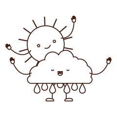 clouds with rain and sun kawaii caricature in brown color contour vector illustration