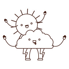 cloud with lightnings and sun kawaii caricature in brown color contour vector illustration