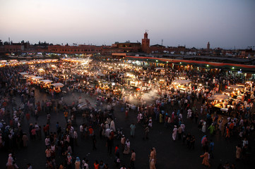 Food market in Djemaa el-Fna at sunset, Marrakech, Morocco