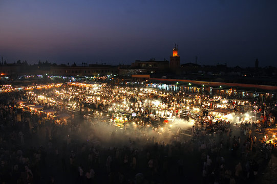 Food market in Djemaa el-Fna at sunset, Marrakech, Morocco
