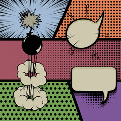 Vintage pop art comics book magazine cover template. Cartoon funny vintage strip comic superhero text, speech bubble, balloon, box message, burst bomb. Vector halftone illustration. Blank graphic