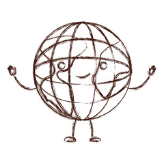 globe world kawaii caricature with open arms standing in blurred brown color contour vector illustration