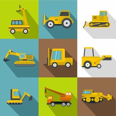Construction vehicles icons set, flat style