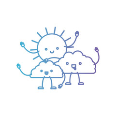 clouds with sun kawaii caricature in color gradient silhouette from purple to blue vector illustration