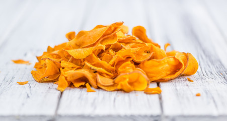 Portion of Sweet Potato Chips , selective focus