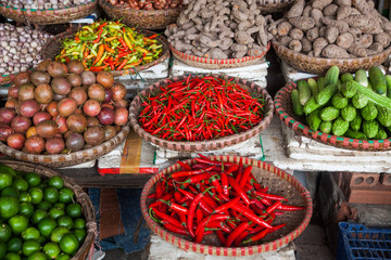 tropical spices and fruits sold at a local market in Hanoi (Vietnam)