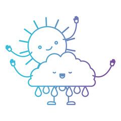clouds with rain and sun kawaii caricature with open arms standing in color gradient silhouette from purple to blue vector illustration