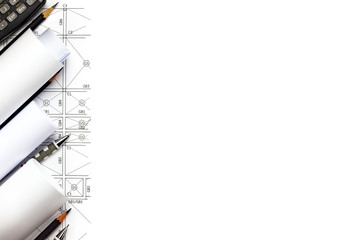 Abstract engineering drawings background with blank for your word. Construction plan tools with empty space on desk.