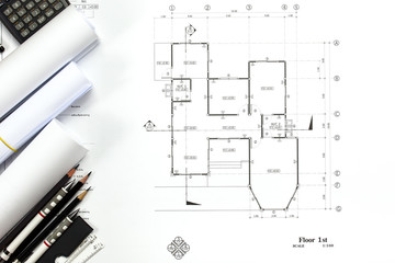 Abstract engineering drawings background with blank for your word. Construction plan tools with empty space on desk.