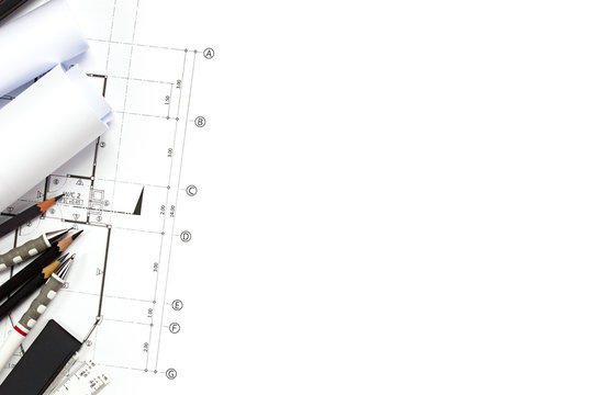 Abstract engineering drawings background with blank for your word. Construction plan tools with empty space on desk.