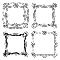 Set of 4 black and white rope vector square frames with knots and loops