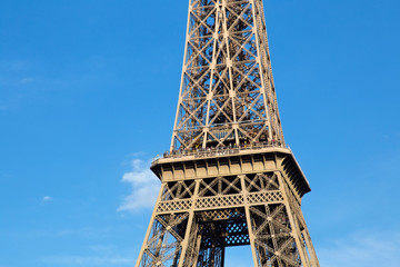 View of the detail of the Eiffel Tower in Paris. France. The Eiffel Tower was constructed from 1887-1889 as the entrance to the 1889 World's Fair by engineer Gustave Eiffel.