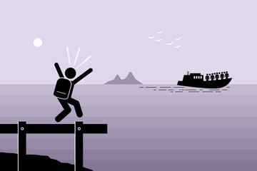 Miss the Boat. Man failed to catch the boat which has already sailed away. Vector artwork depicts late, slow, laggard, and left behind. 