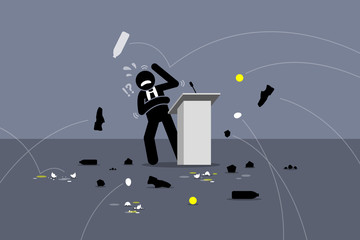 Lousy politician being booed. People throwing objects and things at the speaker on the stage. Vector artwork depicts angry people, protesters, poor stage performance, and bad politician. 
