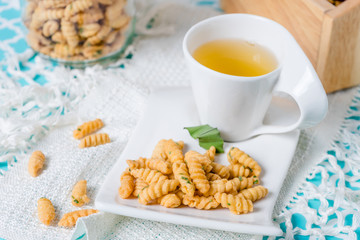 Cup of tea and caramelized crisps Thailand dessert