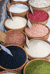HANOI VIETNAM - AUGUST 2017: Various type of cereal grains (seeds, rice, buckwheat, oats, lentils,chickpeas, beans) on sale at Dong Xuan market