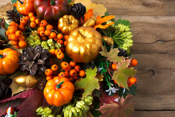 Thanksgiving wreath with pumpkins and leaves copy space