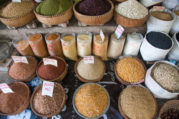 HANOI VIETNAM - AUGUST 2017: Various type of cereal grains (seeds, rice, buckwheat, oats, lentils,chickpeas, beans) on sale at Dong Xuan market
