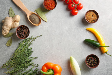 Vegetables and spices on kitchen table. Cooking classes concept