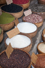 HANOI VIETNAM - AUGUST 2017: Various type of cereal grains (seeds, rice, buckwheat, oats, lentils,chickpeas, beans) on sale at Dong Xuan market