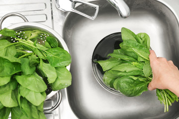 Woman washing spinach in sink