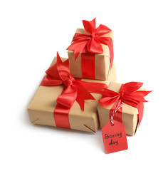 Cute gift boxes with label, isolated on white