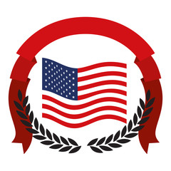united states flag with half crown of black olive branches with thick red ribbon on top vector illustration