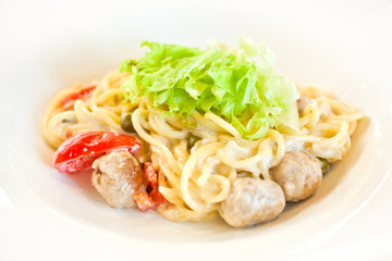  Pasta with meatballs close-up