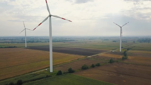 Aerial view of energy producing wind turbines, Poland