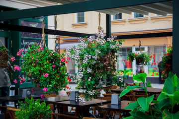 Fototapeta na wymiar old city cafe terrace tables in uzhhorod