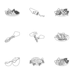 Fried chicken, cooking chop, slicing vegetables, shish kebab and other elements of cooking. Food and Cooking set collection icons in outline style vector symbol stock illustration web.