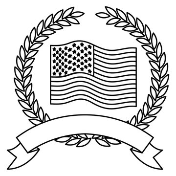 united states flag waving inside of crown of olive branches with ribbon on bottom in monochrome silhouette vector illustration