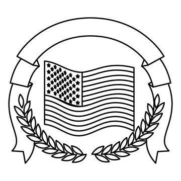 united states flag with half crown of olive branches with thick ribbon on top in monochrome silhouette vector illustration