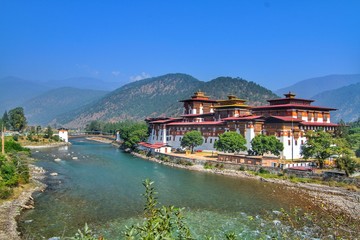 Punakha Dzong Monastery or Pungthang Dewachen Phodrang (Palace of Great Happiness) and Mo Chhu river in Punakha, the old capital of Bhutan.