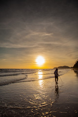 Fototapeta premium Sunset and sea waves, Beautiful gold sunset on the sea. , Sea Sunset