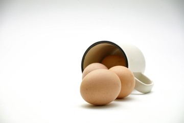 preparing food, Fresh eggs in a white cup on white background.      